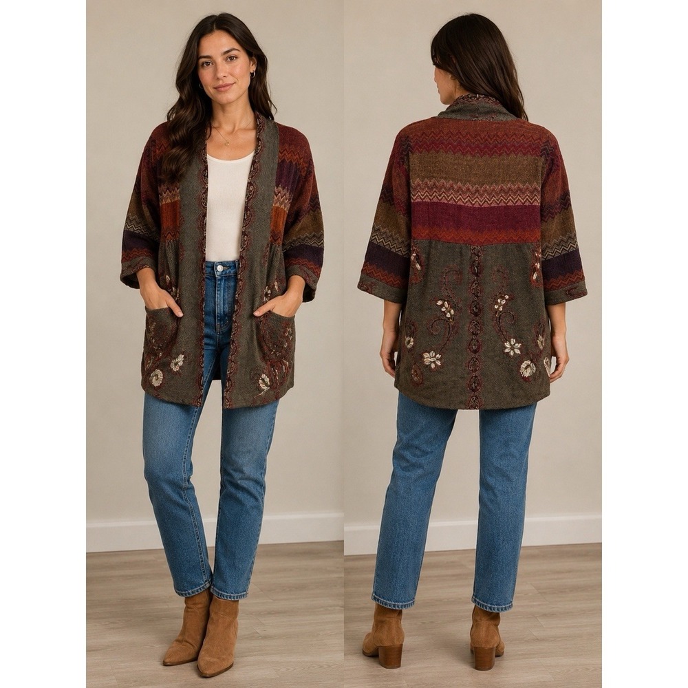 Soft Surroundings Embroidered Wool Artsy Boho Jacket Lagenlook Open Front M